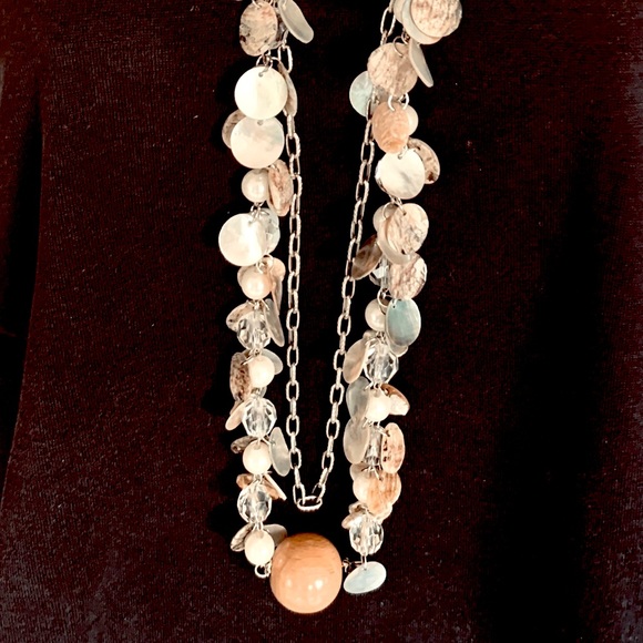 Mother-of-pearl coins & silver tone long metal chain necklace with pearls chain - Picture 2 of 5